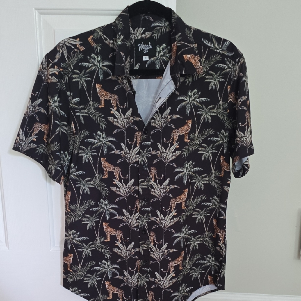 Black Casual Button Down Shirt with Tropical Print